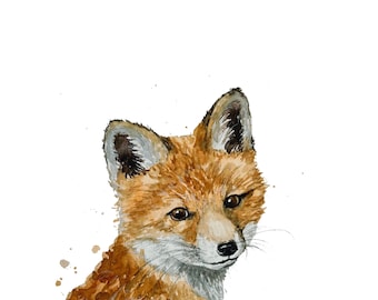 Little Fox Watercolor Art Print: Nursery Animal Painting