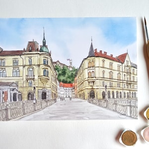 Lubiana - Stampa artistica del Triplice Ponte / Acquerello del centro città / Artista sloveno / Stampa artistica / Con o senza cornice / Arte murale slovena