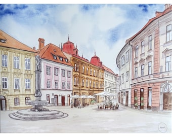 Ljubljana Art Print: Sloveense oude stad aquarel stadsgezicht