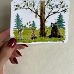 Pegatina de animales del bosque para el día: adorable oso, zorro, ciervo, naturaleza, escena de árbol, pegatinas de animales salvajes.
