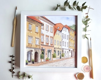 Ljubljana Street Art Print: Sloveens aquarel stadsgezicht