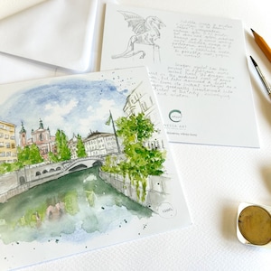 Postal de Liubliana, acuarela eslovena, postal eslovena, arte esloveno, tarjeta de Liubliana, postal de Liubliana, postal única