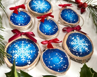 Hand-Painted Snowflake Wood Slice Ornaments – Pthalo Blue Winter Set