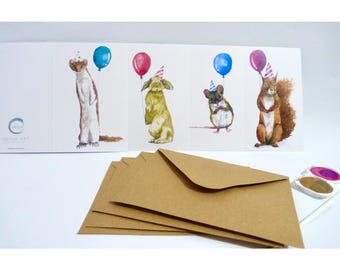 Animal with Balloons Birthday Cards: Watercolor Set of 4