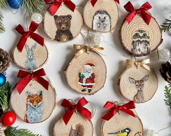 Hand-Painted Wood Slice Christmas Ornaments: Woodland Animals & Santa