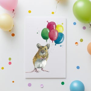 Ratte, die Luftballons hält, Grußkarte, Geburtstagskarte, Grußkarte, Ratte Aquarellkunst, Ratte Karte, Ratte mit Ballon Karte, süße Ratte Karte