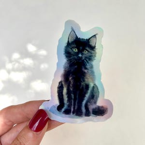 Pegatina holográfica de gato negro: adorable vinilo de gato para portátiles, diarios y botellas de agua. Ideal para amantes de los felinos.