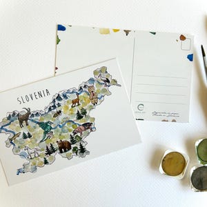 Cartão postal Eslovênia, Cartão postal com mapa esloveno, Arte em aquarela eslovena, Cartão postal esloveno, Arte de mapa esloveno, Cartão postal com marcos eslovenos
