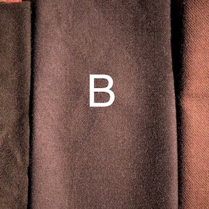 May include: Three fabric swatches labeled A, B, and C. The swatches are different shades of brown.