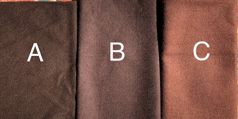 May include: Three fabric swatches labeled A, B, and C. The swatches are different shades of brown.