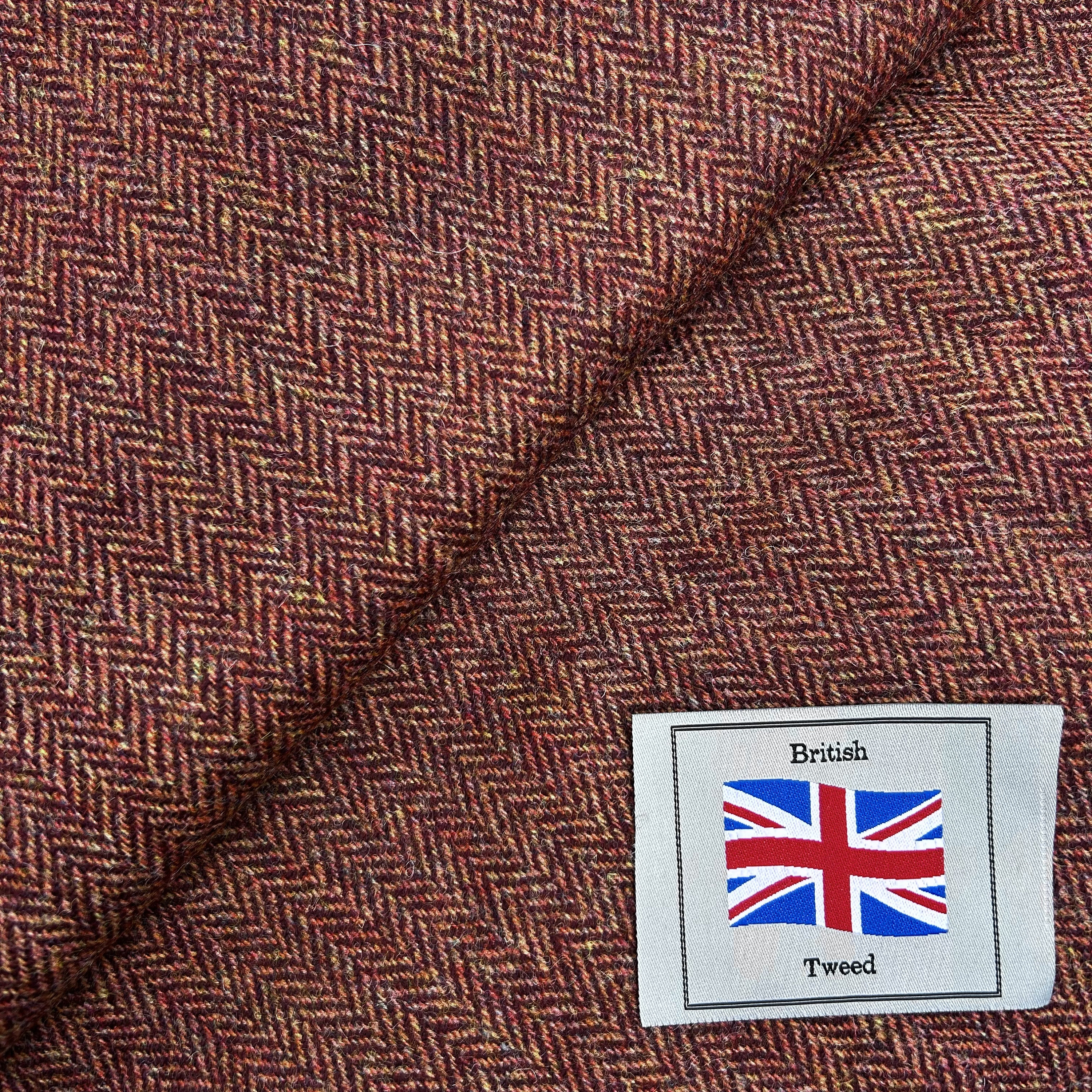 Rust Red Herringbone Tweed Wool Fabric: Medium Weight Fat Quarter