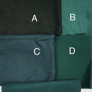 May include: Five fabric swatches in different shades of green. The swatches are labelled A, B, C, D, and E.  Swatch A is the darkest shade of green, followed by C, E, D, and B, which is the lightest shade of green.