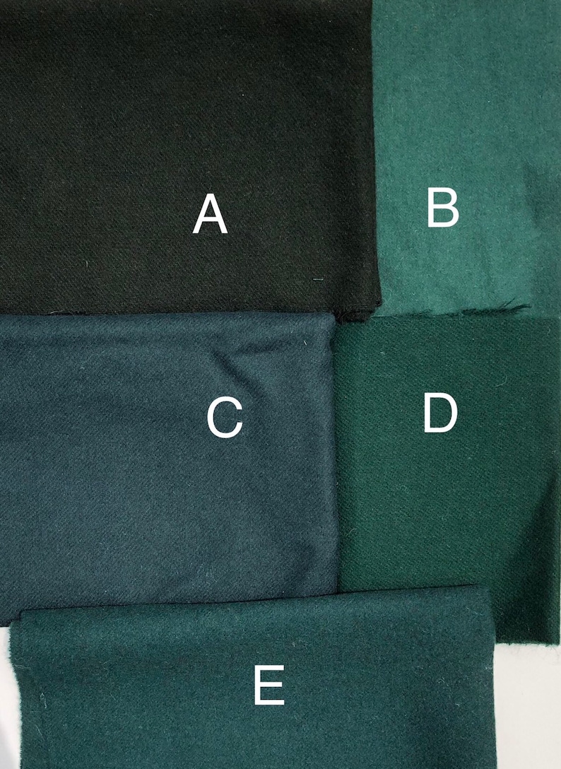 May include: Five fabric swatches in different shades of green. The swatches are labelled A, B, C, D, and E.  Swatch A is the darkest shade of green, followed by C, E, D, and B, which is the lightest shade of green.
