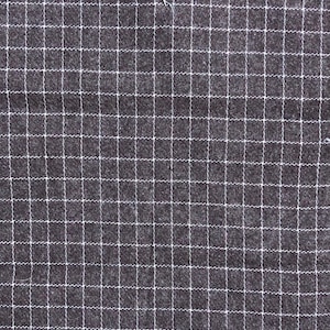 May include: A dark gray fabric with a white grid pattern. The fabric has a subtle texture and a slightly rough feel.