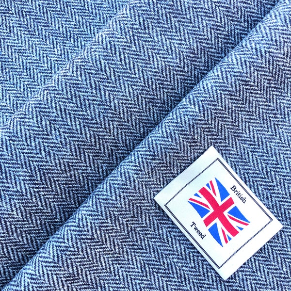 Herringbone Wool Fabric, Navy & Light Blue, Medium Weight, Fat Quarters, Made in Great Britain