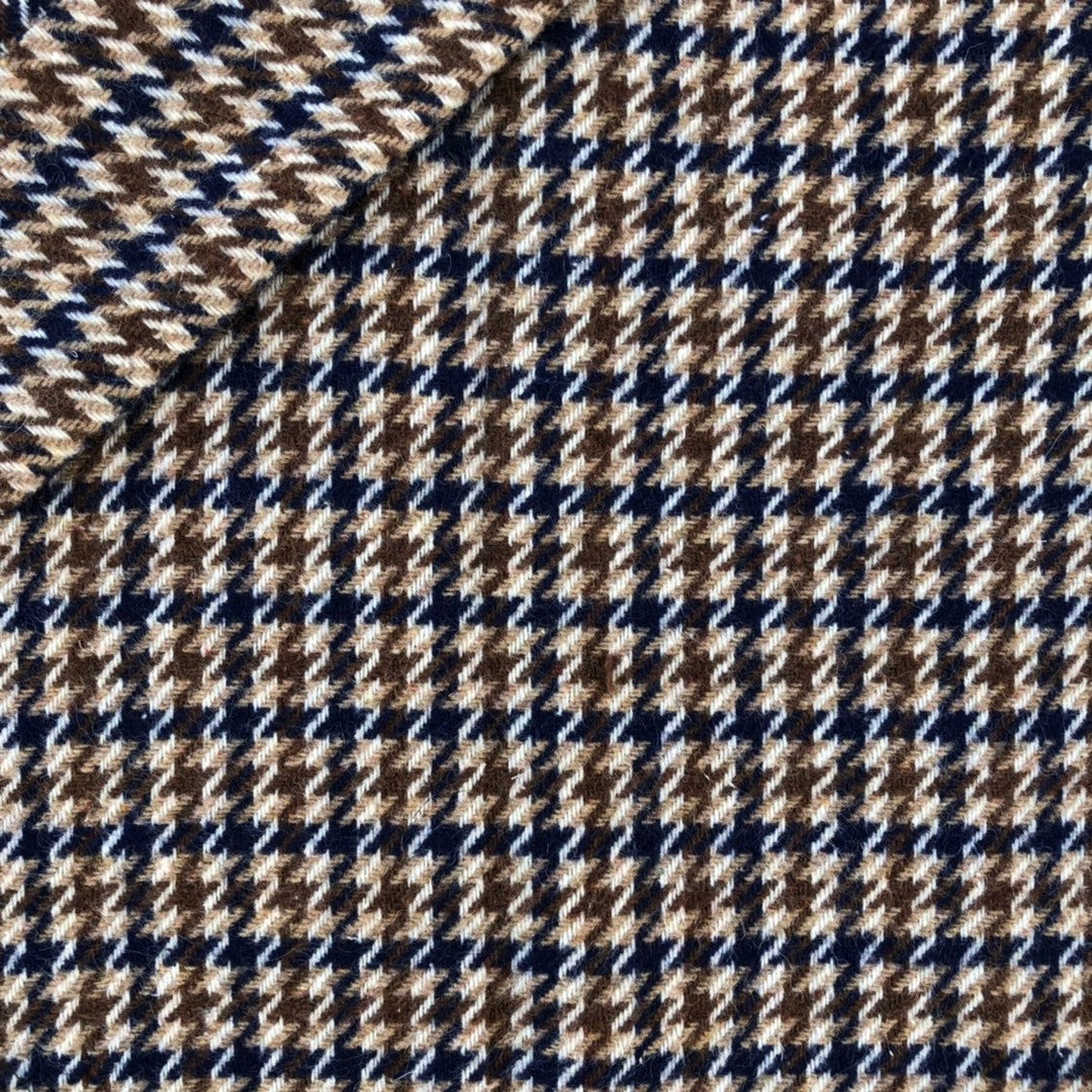 Brown and Blue Houndstooth Wool Fabric, Medium Weight 