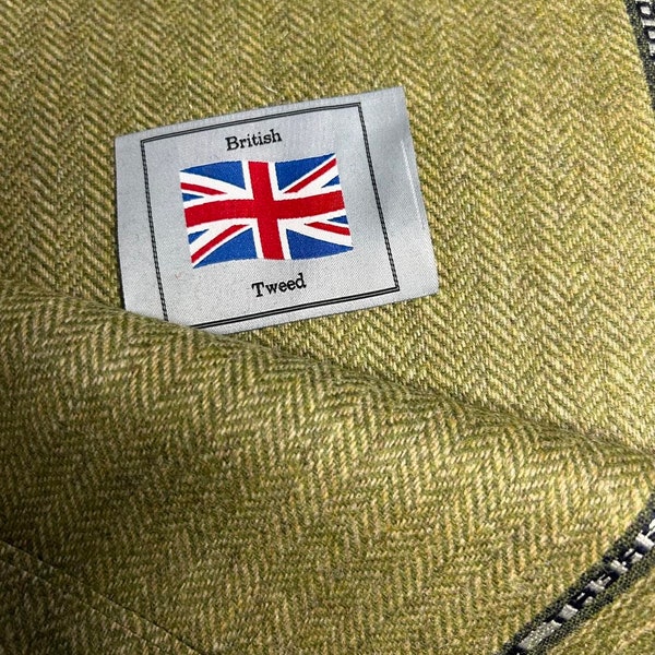New Sour Apple Green Herringbone Wool Fabric, Medium Weight Material, Made in Great Britain