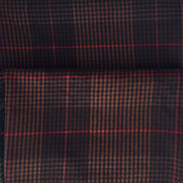 Wool Fabric - Brown Black Orange and Red Plaid