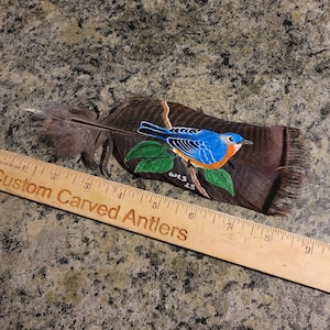 May include: A hand-painted bluebird perched on a branch, painted on a brown turkey feather. The feather is about 5 inches long. The bird is painted in shades of blue, orange, and white. The branch is painted green with green leaves. The artist's signature, "WLS 23", is painted on the feather.