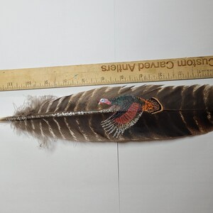 May include: A brown turkey feather with a painted image of a wild turkey in flight. The feather is approximately 11 inches long and has a white inscription that reads "W. Scheide - 23".