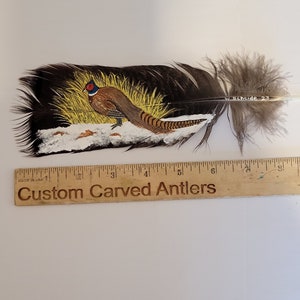 May include: A hand-painted pheasant on a brown feather with yellow and white accents. The feather is approximately 7 inches long. The artist's signature, "W. Scheide 23", is visible on the feather.