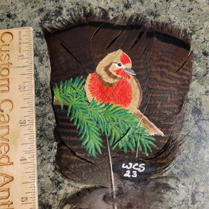 May include: A hand-painted turkey feather with a detailed depiction of a small bird perched on a green branch. The feather is brown with black stripes and the bird is painted in shades of red, brown, and white. The feather is signed "WCS 23".
