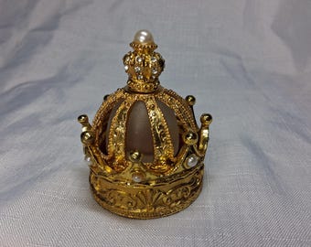 Golden Crown Encased Perfume Bottle Faux Pearls & Diamonds