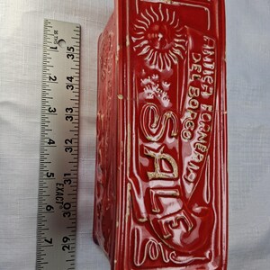 Puede incluir: Un recipiente rectangular de cer&aacute;mica roja con texto y dise&ntilde;os en relieve. El texto incluye la palabra "SALE" y "ANTICA FORNERIA DEL BORGO". El recipiente mide aproximadamente 30 cm de alto.