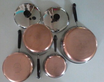 Revere Ware 6 Piece Set Egg Pan 10" Fry Pan 2 Qt. 3 Qt. Pots & Lids Process Patent USA