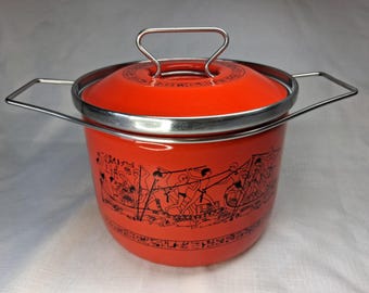 Siltal Ägyptischer Revival Einlagen Emaille Ware Kochgeschirr 2 qt. Überdachter Topf 1970er Jahre ITALIEN Carla Agnelli Designer