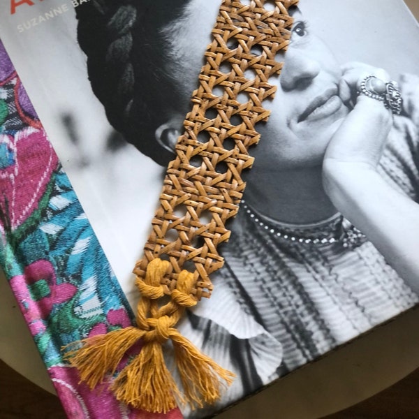 Best Selling! Vintage Cane Macrame Bookmark | Rattan | Boho Home Decor | Wicker Bohemian | Christmas Gift | Book Club | White | Mustard