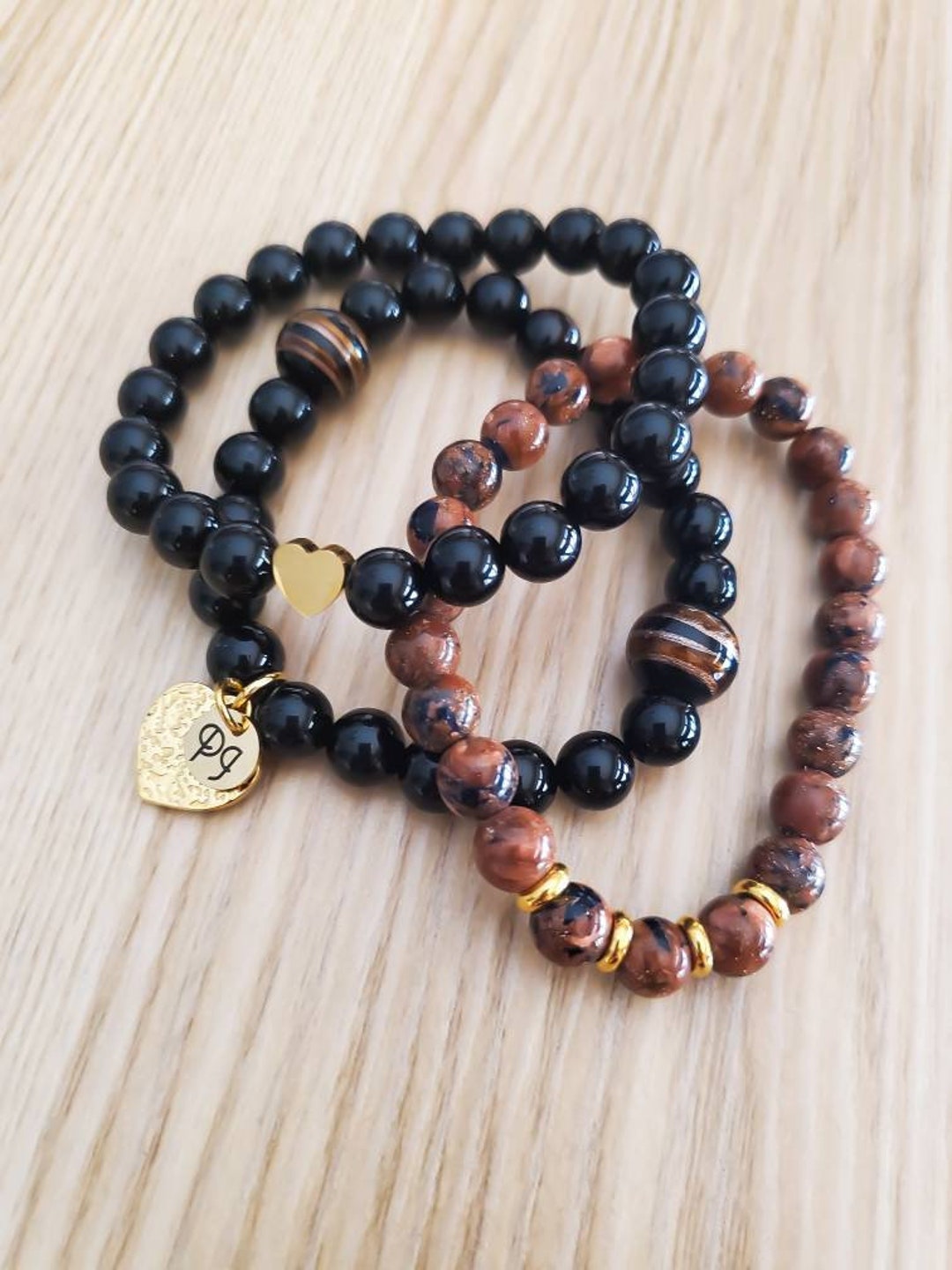 3pcs Set Black and Gold Natural Stone Beads Bracelets - Etsy