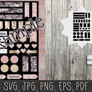 May include: A collection of planner stickers in various shapes and sizes, including banners, circles, hearts, and arrows. The stickers feature a color palette of black, blush pink, and gold with tropical leaf and polka dot patterns. The word "Example" is written on the stickers.