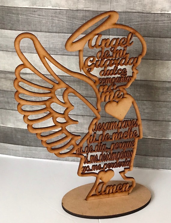 Centro de Mesa Angel de Mi Guarda en Silueta de Niño de Madera MDF en medida 11 3/4 pulgadas de alto