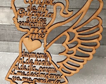Centro de Mesa Angel de Mi Guarda en Silueta de Niña de Madera MDF en medida 7 3/4 pulgadas de alto