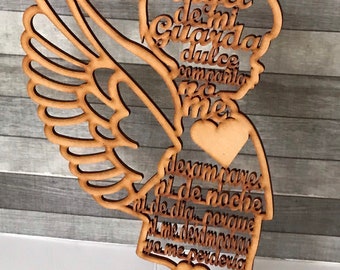 Centro de Mesa Angel de Mi Guarda en Silueta de Niño de Madera MDF en medida 9 3/4 pulgadas de alto