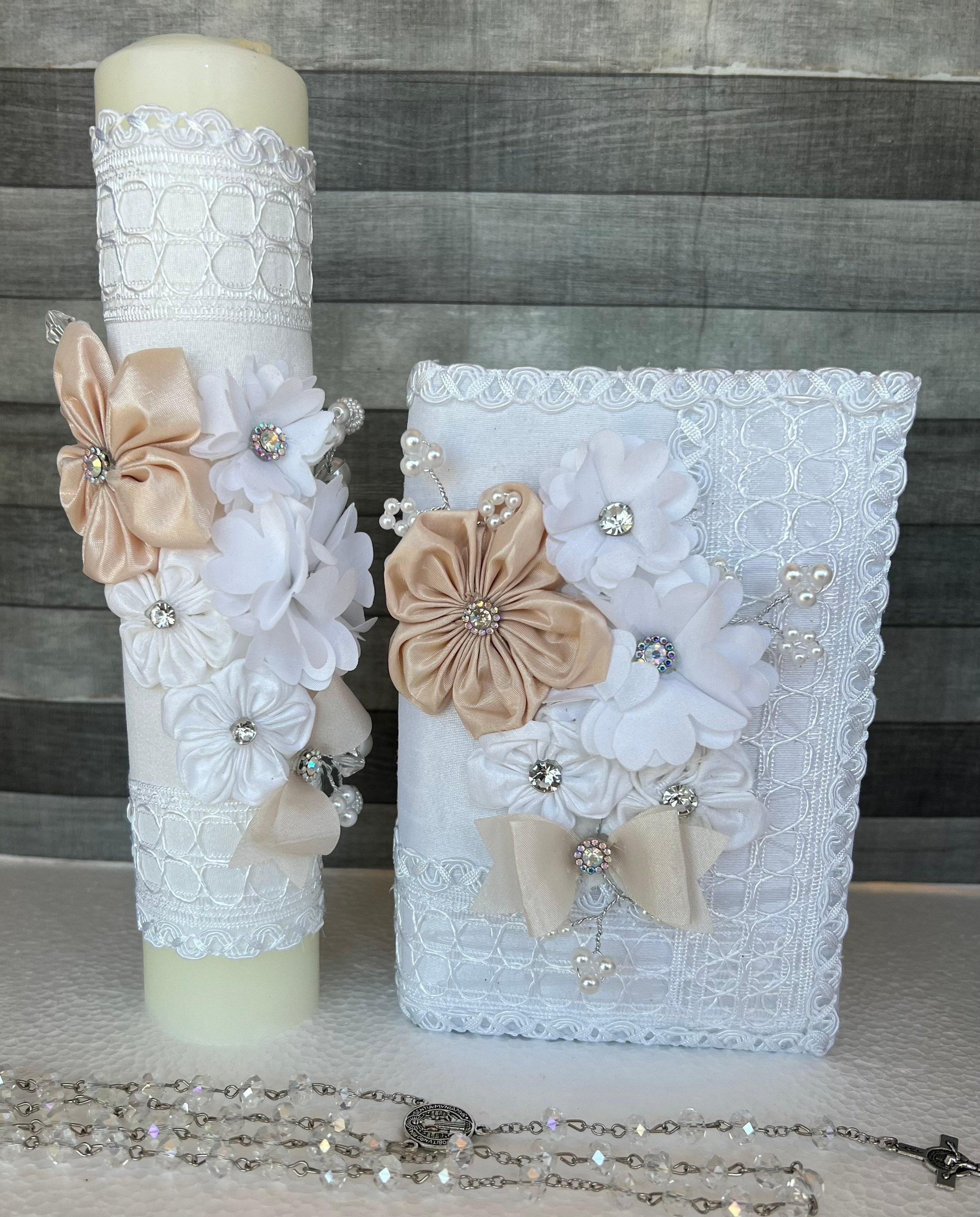 Deco-shop Vela bautizo niño de cera blanca, vela primera comunión,decorada  con lazo en color,encaje y flor 35 cm. (Vela rosa) : : Productos  Handmade