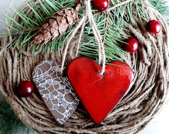 Ceramic Lace Hearts Christmas Ornaments Decoration , Handmade miracles, Xmas tree decoration, Gift Tags, Christmas Ornaments