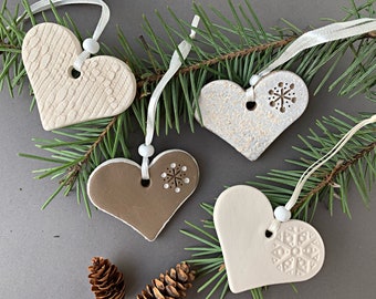 Ceramic Hearts, 4 Christmas Ornaments, Handmade Christmas decoration, Ceramic Hearts, Xmas tree decoration, Gift Tags, Christmas Ornaments