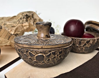 Small Handmade Brown Lace Pottery Bowl With Lid Ceramic Dish with Lid Small Bowl With Lid Lace Ornament Unique Bowl Handmade Ceramic Gift