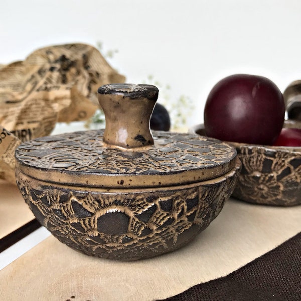 Small Handmade Brown Lace Pottery Bowl With Lid Ceramic Dish with Lid Small Bowl With Lid Lace Ornament Unique Bowl Handmade Ceramic Gift