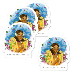 May include: Four sticker designs featuring a woman holding a blue umbrella with white clouds. The woman is wearing a yellow dress with floral embroidery and a white flower crown. The text "MAGANDANG DALAGA" is printed on the bottom of each sticker. The text "ETHEL MIRANDA" is printed on the top of each sticker.