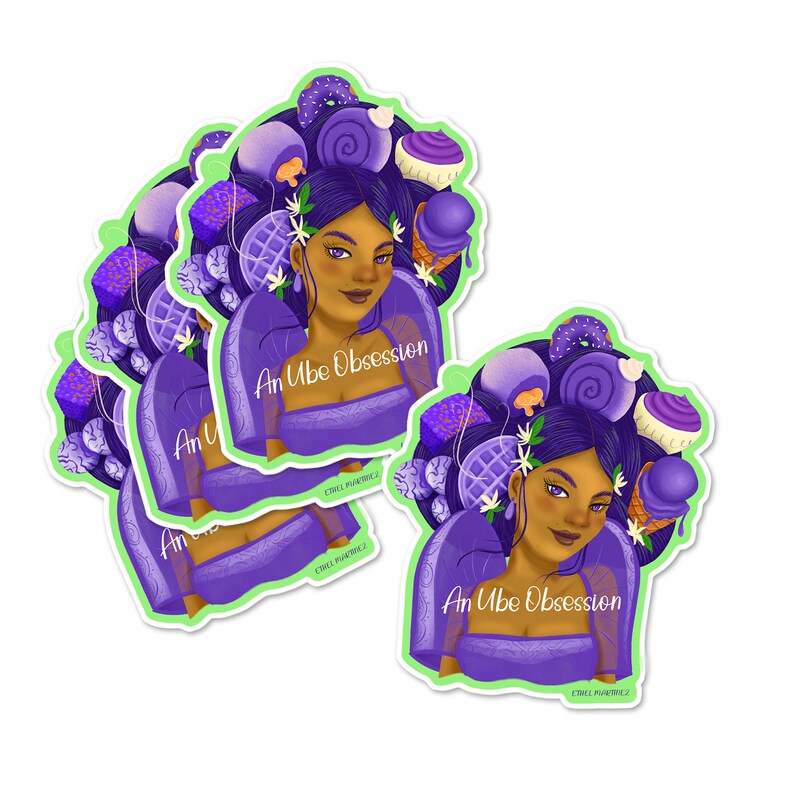 May include: Three purple and green stickers featuring a woman with purple hair and a purple dress. She is surrounded by purple ube desserts. The text on the sticker reads "An Ube Obsession".