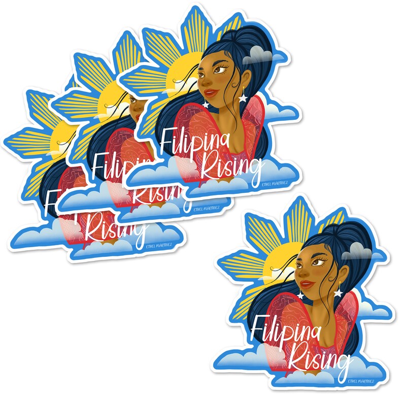 May include: Five colorful stickers featuring a woman with dark hair and a red dress, a sun with rays, and clouds. The text "Filipina Rising" is written on each sticker.