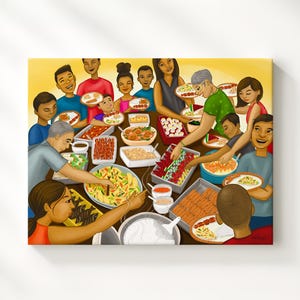 May include: A vibrant illustration depicting a family meal with numerous dishes on a table. Individuals of different ages are shown reaching for food from platters and bowls, creating a lively and communal atmosphere. The artwork has a warm, inviting feel.
