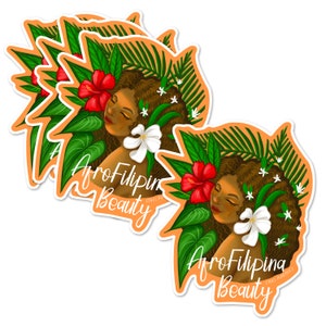 May include: A set of five stickers featuring a woman with brown skin and curly hair surrounded by tropical leaves and flowers. The text "Afro Filipina Beauty" is written in a cursive font on each sticker.
