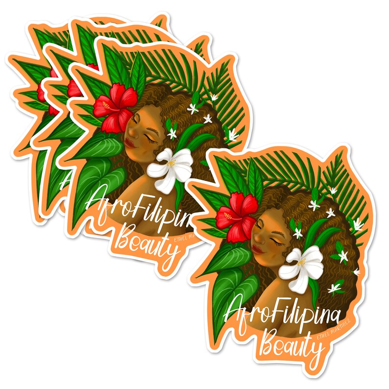 May include: A set of five stickers featuring a woman with brown skin and curly hair surrounded by tropical leaves and flowers. The text "Afro Filipina Beauty" is written in a cursive font on each sticker.