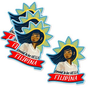 May include: Four sticker sheets featuring a woman with long dark hair and a white shirt. The woman is surrounded by a yellow sun with blue rays. The stickers have the text "Proud to be hella Filipina" in red.