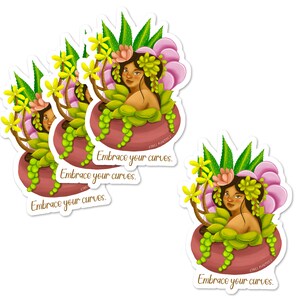 May include: Four sticker designs featuring a woman with long dark hair and a floral crown, sitting in a pot with green leaves. The text "Embrace your curves." is written on each sticker.