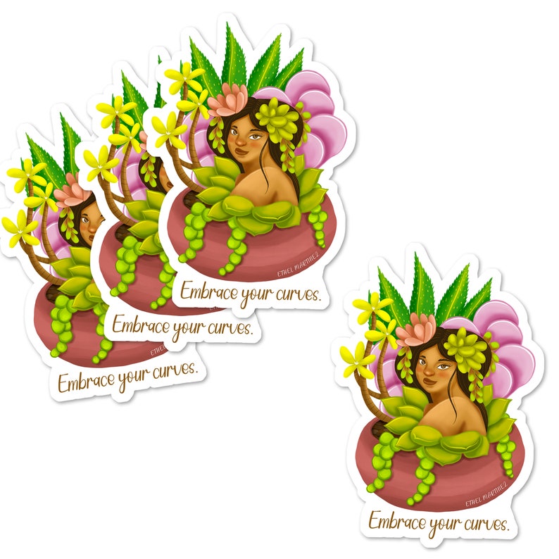 May include: Four sticker designs featuring a woman with long dark hair and a floral crown, sitting in a pot with green leaves. The text "Embrace your curves." is written on each sticker.
